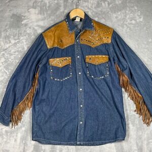 St. Maarten Dallas TX Vintage Western Denim Leather Fringe Studded Shirt Mens S